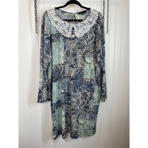 Allison Andrews Blue Paisley Long Sleeve Crochet Collar Sheath Dress Size 3X - Picture 1 of 6